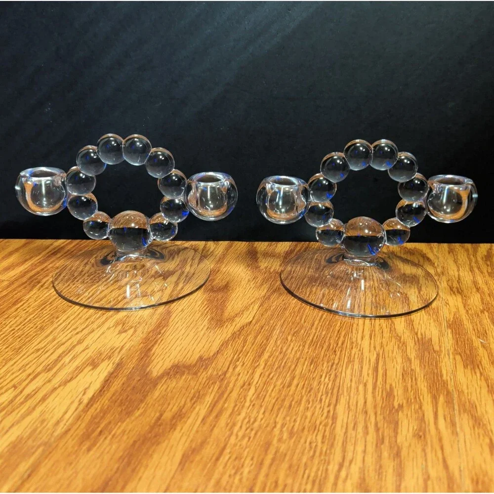 (2) Vintage Clear Glass Bubble Hoop Candlestick Holder/ Pipe Stand Pair